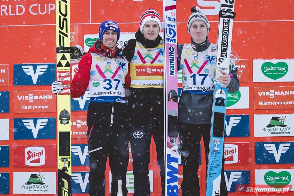 Trzech skoczków narciarskich na podium